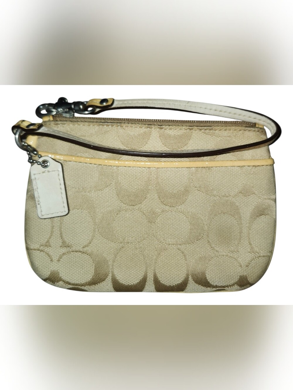 Coach Beige Signature Canvas Wristlet with Leather Trim In Cornflower Yellow EUC